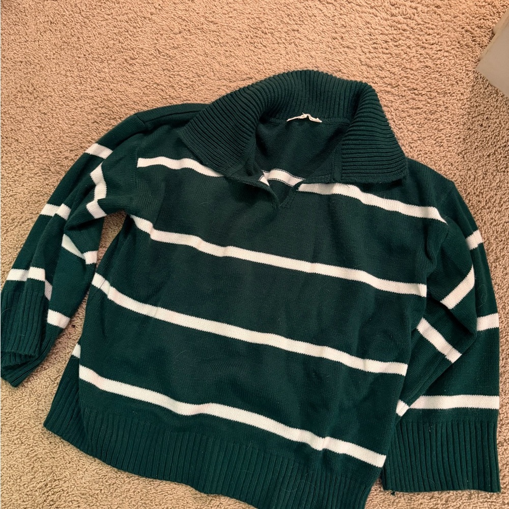 Striped Green Shawl Collar Women's Sweater